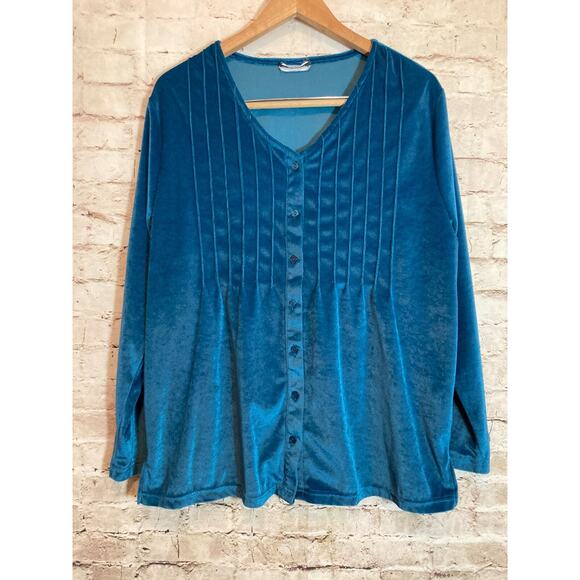 CW Classics Velvet Top Womens 1X Teal Blue Pleated Button Front Plus Romantic - Picture 1 of 12